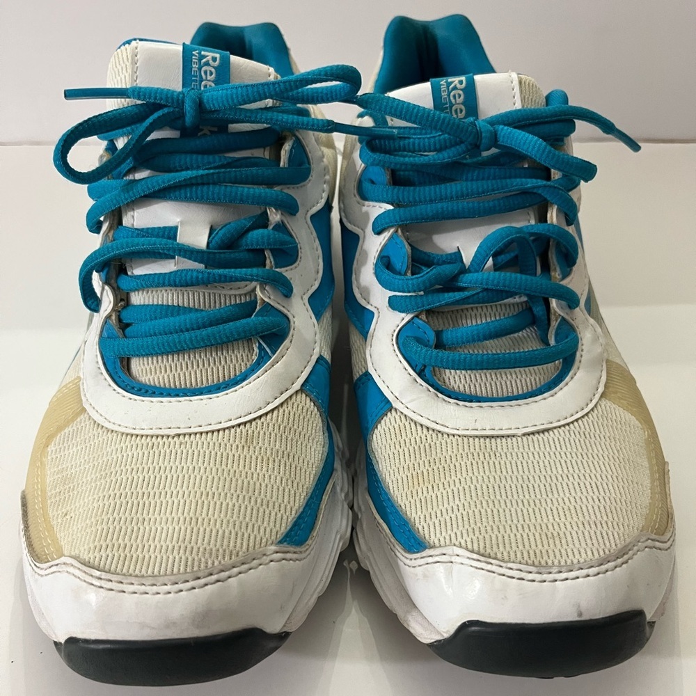 Reebok Women’s White and Blue Sneakers, Size 9.5